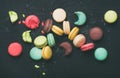 Flat-lay of sweet colorful French macaroon cookies variety Royalty Free Stock Photo