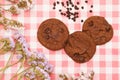 Flat lay of sweets, Chocolate brownie cookie and chocolate chip pieces on red gingham cloth Royalty Free Stock Photo