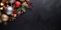 Flat lay table top view festive ornament decoration with copy space, black background