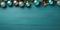 Flat lay table top view festive ornament decoration with copy space, turquoise background