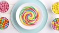 Flat lay of tasty rainbow candy on a white wooden table