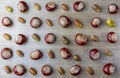 Flat lay texture pattern chestnut and acorn. Autumn top view background