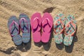 Flat lay three pairs flip flops. High quality and resolution beautiful photo concept Royalty Free Stock Photo