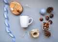 Flat lay top view autumn background concept to display your art, blue ribbon, blank cup, jute rope spool, candle, sweet chestnut, Royalty Free Stock Photo