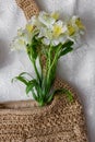 Flat lay top view bamboo woman bag and spring flowers on white cloth background