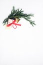 Flat lay top view Christmas border frame made of fir branches, toys and gifts Royalty Free Stock Photo