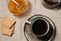 Flat lay top view of a cup of tea biscuits cookies honey and te Royalty Free Stock Photo