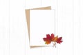 Flat lay top view elegant white composition letter kraft paper envelope autumn red maple leaf on wooden background