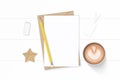 Flat lay top view elegant white composition letter kraft paper envelope coffee pencil star craft and eraser on wooden background