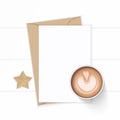 Flat lay top view elegant white composition letter kraft paper envelope leaf coffee and star shape craft on wooden background