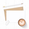 Flat lay top view elegant white composition letter kraft paper envelope pencil eraser and coffee on wooden background