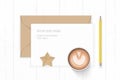 Flat lay top view elegant white composition letter paper kraft envelope star shape craft coffee and yellow pencil on wooden