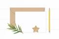 Flat lay top view elegant white composition letter paper kraft envelope star shape craft tarragon leaf and yellow pencil on wooden