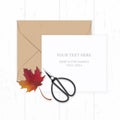 Flat lay top view elegant white composition paper brown kraft envelope autumn red maple leaf and metal vintage scissors on wooden