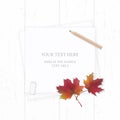 Flat lay top view elegant white composition paper brown pencil eraser and red autumn maple leaf on wooden background Royalty Free Stock Photo