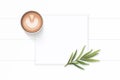 Flat lay top view elegant white composition paper brown tarragon leaf and coffee on wooden background