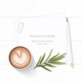 Flat lay top view elegant white composition paper coffe drink tarragon leaf and pencil eraser on wooden background