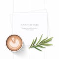 Flat lay top view elegant white composition paper coffe drink and tarragon leaf on wooden background