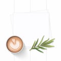 Flat lay top view elegant white composition paper coffee drink and tarragon leaf on wooden background