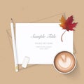 Flat lay top view elegant white composition paper kraft envelope coffee pencil eraser and autumn maple leaf on wooden background