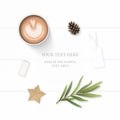 Flat lay top view elegant white composition paper leaf pine cone pencil eraser tag star craft coffee and tarragon leaf on wooden