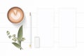 Flat lay top view elegant white composition paper pencil coffee eraser and flower leaf on wooden background Royalty Free Stock Photo