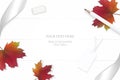 Flat lay top view elegant white composition silver ribbon pencil autumn maple leaf tag and eraser on wooden floor background