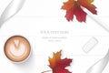 Flat lay top view elegant white composition silver ribbon pencil eraser autumn maple leaf and coffee on wooden floor background