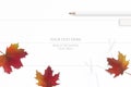 Flat lay top view elegant white composition yellow pencils eraser and autumn maple leaf on wooden floor background