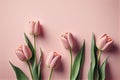 Flat lay, top view, with a lot of copy space, nice gentle background with pink tulips on pink background Royalty Free Stock Photo