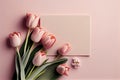Flat lay, top view, with a lot of copy space, nice gentle background with pink tulips on pink background Royalty Free Stock Photo