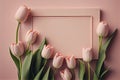 Flat lay, top view, with a lot of copy space, nice gentle background with pink tulips on pink background Royalty Free Stock Photo