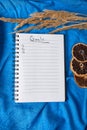Flat lay top view notebook, notes with pampas grass on tablecloth background Royalty Free Stock Photo