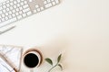 Flat lay top view office desk. Workspace with keyboard and office supplies, pencil, green leaf with coffee on white background. Royalty Free Stock Photo