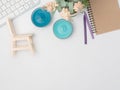 Flat lay, top view office table desk frame. feminine desk workspace with laptop, watch on white background.Love concept top view Royalty Free Stock Photo