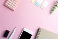 Flat lay, top view office table desk. Workspace with blank copy space supplies decorate as frame on white or color pastel Royalty Free Stock Photo