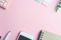 Flat lay, top view office table desk. Workspace with blank copy space supplies decorate as frame on white or color pastel Royalty Free Stock Photo