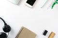 Flat lay, top view office table desk. Workspace with blank copy space supplies decorate as frame on white or color pastel Royalty Free Stock Photo