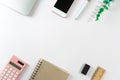 Flat lay, top view office table desk. Workspace with blank copy space supplies decorate as frame on white or color pastel Royalty Free Stock Photo