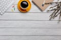 Flat lay, top view office table desk. Workspace with blank note book, keyboard, macaroon, office supplies and coffee cup Royalty Free Stock Photo