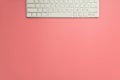 Flat lay, top view office table desk. Workspace with blank clip board, keyboard, office supplies, pencil, green leaf, and coffee c Royalty Free Stock Photo