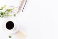 Flat lay, top view office table desk. Workspace with keyboard, office supplies, pencil and coffee cup with copy space on white Royalty Free Stock Photo