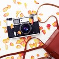 Flat lay. Top view. Old film camera. White background close-up. Vintage photo Royalty Free Stock Photo