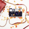 Flat lay. Top view. Old film camera. White background close-up. Vintage photo Royalty Free Stock Photo