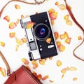 Flat lay. Top view. Old film camera. White background close-up. Vintage photo Royalty Free Stock Photo