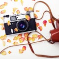 Flat lay. Top view. Old film camera. White background close-up. Vintage photo Royalty Free Stock Photo