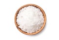 Flat lay top view Pure natural sea salt in wooden bowl Royalty Free Stock Photo