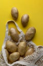 Flat lay top view raw organic potatoes in string bag on yellow background Royalty Free Stock Photo