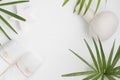 Flat lay top view spa background: thai massage bag, towels and palm leaves on white background. Healthy lifestyle Royalty Free Stock Photo
