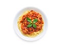 Flat lay top view Spaghetti bolognese on the white plate Royalty Free Stock Photo
